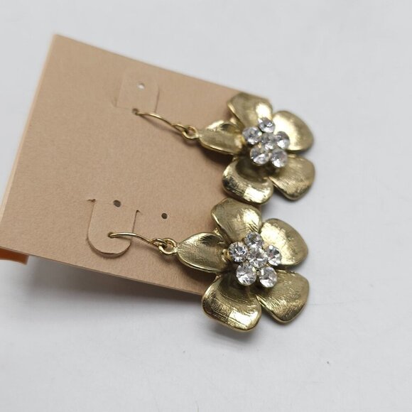 Gold Tone Flower Necklace Earrings Set Clear Rhinestone Adjustable Chain - Picture 3 of 11